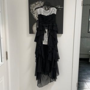 BeBe black and silver ruffle gown size small NWT